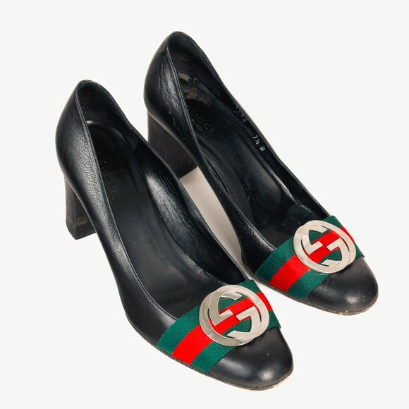Gucci Black Leather Signature Webbing Logo Round-Toe Pumps - Picture 1 of 11